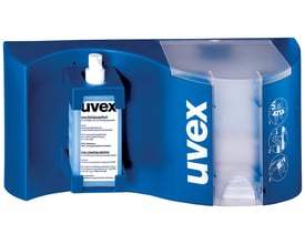 Uvex brille rensestation i blå med en flaske rensevæske og en dispenser til servietter.