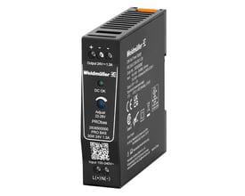 Weidmüller PRO BAS 30W 24V 1.3A strømforsyning i sort kabinet med mærkater og DC OK indikator, egnet til DIN-skinne montering.