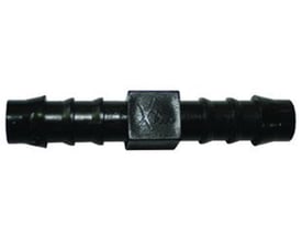 Aspen lige samlenippel i plast til 6 mm slange, sort med modhager i begge ender og en bred midterdel.