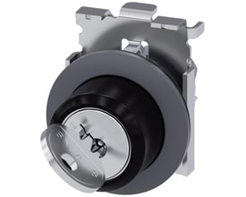 Siemens Ronis nøgleafbryder i mat metal med 30mm rund front og en sølvfarvet nøgle i låsen.