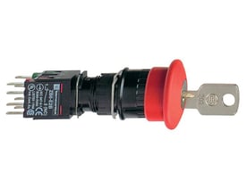 Schneider Electric XB6 sikkerhedsnødstop med nøgle, Ø30mm, rød frontring og 1NO-2NC kontakter på hvid baggrund.