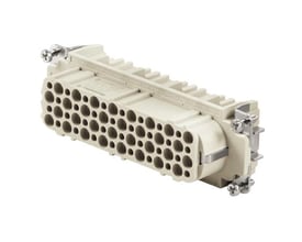 Weidmüller indsats til industri-stik med 64 poler og crimp-tilslutning, set skråt forfra med kontaktåbningerne synlige.