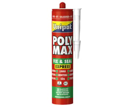 Unipak Poly Max Fix & Seal, hvid fugemasse og lim på 425 g i rød patron med hvid påføringsdyse.