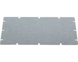 Detaljeret billede af en Fibox monteringsplade MIV 100, der viser aluzink-materialet og de præcise mål på 48 x 98 mm.