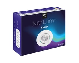 Norlum Comet 6-pak indbygningsspots i hvid, 6,5W, 587 lm, 2700K, med tydelig illustration af spots og specifikationer på pakken.