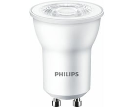 Philips LED spot med GU10 fatning, 3,5W og varmt hvidt lys, set skråt forfra.