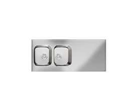 Purus køkkenbord i rustfrit stål med to integrerede vaske, 1420x600 mm, vist ovenfra på hvid baggrund.