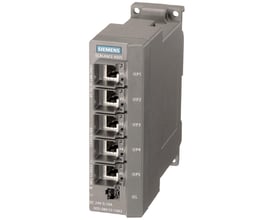 Siemens SCALANCE X005 IE Level Switch med 5 RJ45 porte, LED-indikatorer og mærkning for strømforsyning.