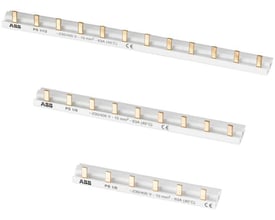 Tre ABB JFESkinner i forskellige længder med hvidt isolationsmateriale og gyldne koblingsstænger, viser mærkning og CE-godkendelse.