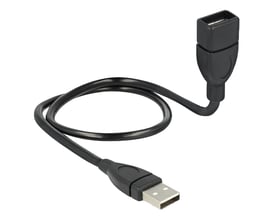 Sort DeLock ShapeCable USB 2.0-forlængerkabel på 0,5 meter med USB-A-hanstik og USB-A-hunstik, vist sammenrullet.