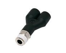 Parker Y-stykke 3148 med 4 mm slange og R1/4 BSPT gevind, fremstillet af sort teknisk polymer.