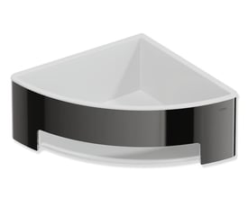 HEWI System 900 brusehylde i sortkrom med blank finish, vist skråt forfra med buet front og åbent rum.