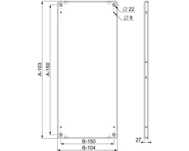 Teknisk tegning af galvaniseret montageplade fra Schneider Electric i størrelsen 2200x1000 mm med angivne dimensioner og borehuller.