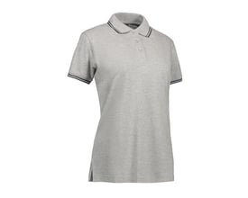 ID Identity poloshirt til damer i grå melange med stretch og kontraststriber på ærmer og krave, størrelse L.