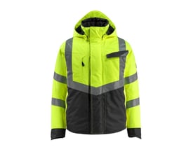 Mascot Hastings HI-VIZ jakke i gul og sort, fremviser lynlåse og brystlommer med klap og trykknap.