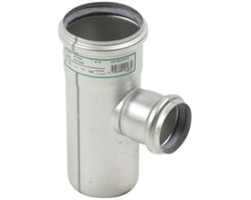 Blücher EuroPipe grenrør af rustfrit stål med tydelig mærkning og 87,5 graders forgrening, der forbinder 75 mm hovedrør med 50 mm grenrør.