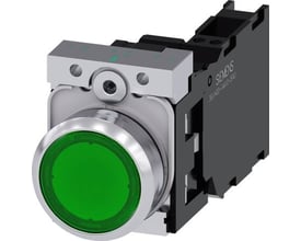 Siemens belyst trykknap med rund, grøn flade og metalring, set skråt forfra med sort kontaktmodul bagpå.