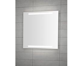 Dansani Repeat LED-spejl på flisevæg med aflange lysfelter øverst og nederst; spejlet måler 120 x 70 cm.