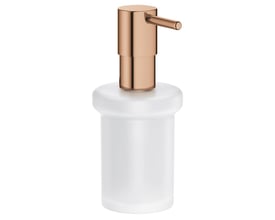 Grohe Essentials sæbedispenser i frostat glas med kobberfarvet pumpe og tud, 160 ml kapacitet.