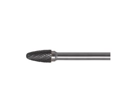 Ironside rotationsfil i hårdmetal, 20 x 10 mm, med træformet skærehoved med rund top og et langt metalskaft.