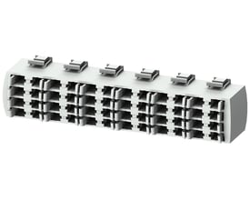 Siemens SENTRON 5ST2 samleskinne med 4 faser og 12 moduler, fremstillet i hvidt plast med synlige kontakter og mærkninger.