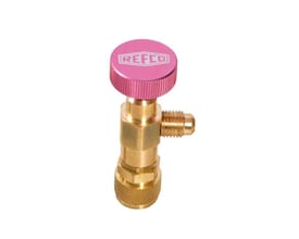 Refco serviceventil A-38410 i messing med pink anodiseret top, 1/4" SAE x 5/16" SAE gevind og riflet greb.