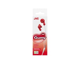 JVC HA-F14 Gumy in-ear høretelefoner i rød, præsenteret i deres emballage med synlige mærker og kabel.