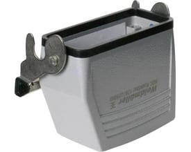 Weidmüller HDC kabelhus størrelse 6 med 1xM25 top-udgang og én låsebøjle i sølvgrå metal.