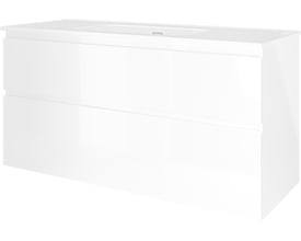Sanibell Proline møbelsæt i hvid højglans, 121x46cm, med to integrerede softclose skuffer og hvid vask.