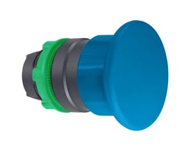 Fuldstændigt Schneider Electric ZB5AC6 paddetryk i blå kunststof med 40mm diameter og fjederretur, isoleret på hvid baggrund.
