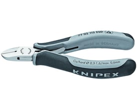 Detaljebillede af Knipex elektronik-skævbider ESD, der viser de grå og sorte greb samt mærkningerne.
