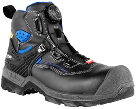 Jalas Heavy Duty 1278 S3 sikkerhedsstøvle i sort PU-behandlet læder med BOA-lukkesystem og blå detaljer.