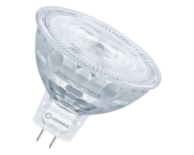 Tæt på Osram LED MR16 3,6W lyskilde, der viser detaljer på glasset og LEDVANCE logoet på fatningen.