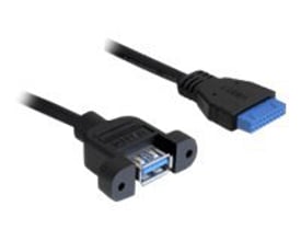 Delock USB 3.0-kabel med hun-pinheader og USB-A-hunstik, vist med sort kabel og blå stikdetaljer.