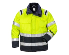 Fristads vinterjakke 4185 i hi-vis gul og marineblå, størrelse XL, med refleksbånd og flere lommer.