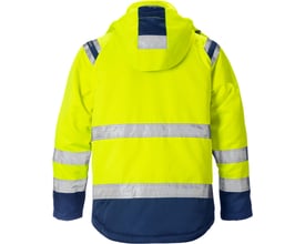 Kansas Hi-Vis vinterjakke kl3 119630 i gul og marineblå, vist bagfra med reflekterende striber over hofter og skuldre.