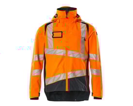 Mascot Hi-Vis skaljakke i orange og mørk marinefarvet polyester med reflekser og aftagelig hætte.