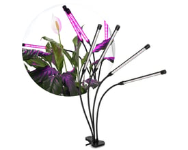 Kobi VITARO 4 CLIP plantelys med fire fleksible lyselementer og sort klemme står ved grønne planter med lilla lys.