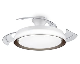 Philips Lighting Bliss loftventilator i hvid med gennemsigtige, buede vifter og en lysende LED-ring med gylden kant, isoleret på hvid baggrund.
