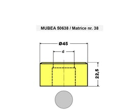 Teknisk tegning af Mubea matrice nr. 38 med angivet udvendig diameter på 45mm og højde på 22,5mm.