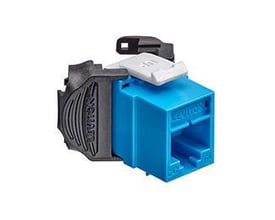 Blå Leviton AX0 CAT6A RJ45 modular jack med sort og hvid værktøjsfri tilslutningsdel.