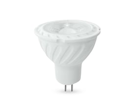 V-TAC MR16 spotpære i hvid plast med 6W effekt og 3000K varm hvid lysfarve.