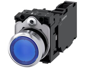 Siemens oplyst trykknap, 22mm, ru metal, rund blå knap med 1NO+1NC kontakter og LED 230V AC.