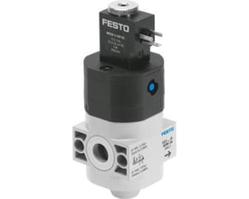 Festo on/off ventil, HEE-D-MINI-24, med elektrisk aktivering og manuel tilsidesættelse, på hvid baggrund.