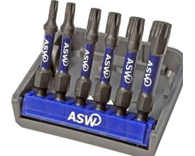 ASW slagbitssæt med seks torx bits (T10-T40) arrangeret i en blå plastikholder.