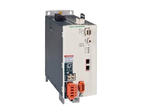 Schneider Electric Lexium LXM52 enkeltdrev med 72A og 400V. Den viser forskellige tilslutninger, advarselsetiketter og modelnavn på enheden.