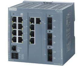 Siemens SCALANCE XB213-3 industriel switch med 13 RJ45 porte og 3 fiberporte, fremviser produktets frontpanel med porte og mærkater.