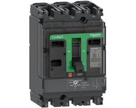 Schneider Electric ComPacT NSX250R 3-polet maksimalafbryder med 220A magnetisk strømrelæenhed og grøn betjeningshåndtag i off-position.