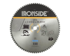 Ironside rundsavklinge til stål med 80 MTCG-tænder og diameter på 355 mm, set forfra med sort og sølvfarvet skive.