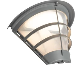 Gråt Hide-a-lite Pave Wall Top Deco II vægarmatur med buet skærm, klart glas og lysende opal inderside.